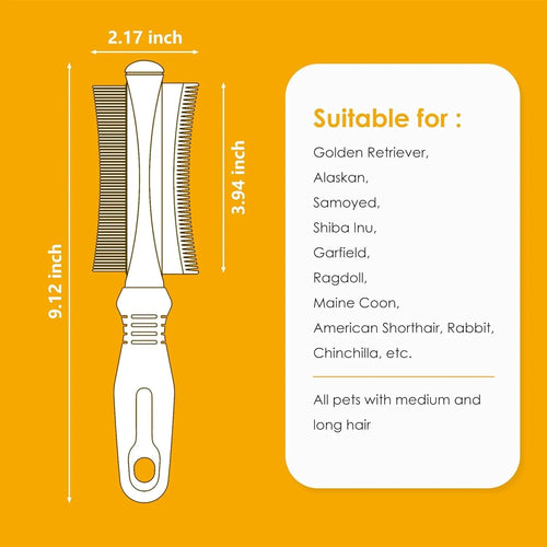 White 2-in-1 pet grooming brush with comb and deshedding sides, ergonomic handle