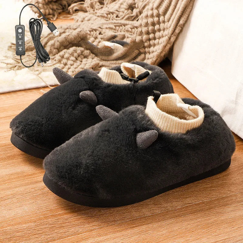 Plush velvet USB heating slippers with a USB cable and power converter, shown in taro purple colour.