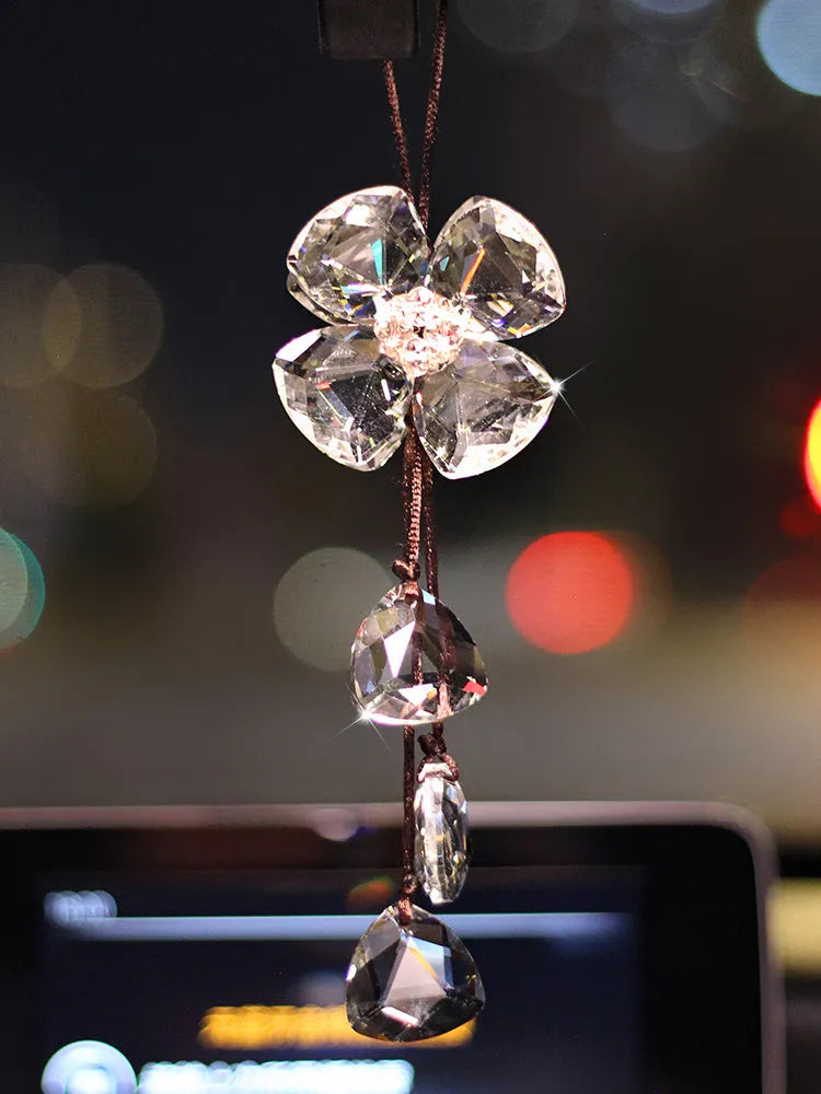 Crystal four leaf clover car pendant decoration measuring 20cm in transparent, champagne, black and shiny colours