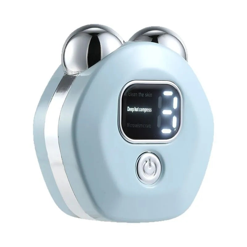 Portable white facial massage instrument with double-roller head for hot compress and microcurrent treatment.