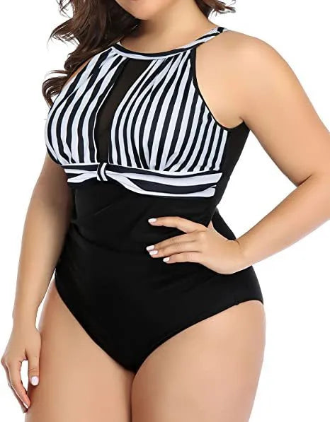 Women's black lace one-piece swimsuit on a hanger, plus size options available.