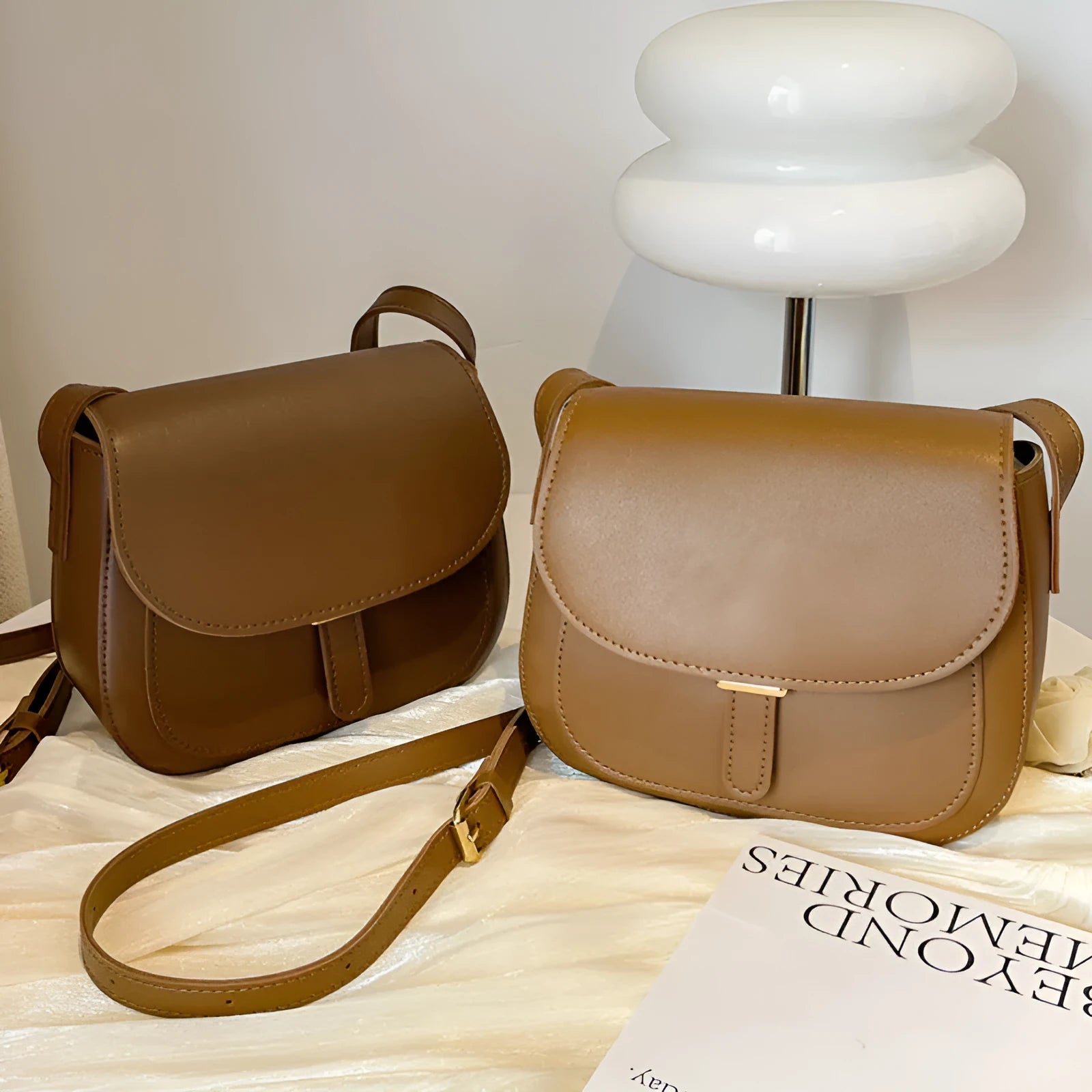 Women's small square PU crossbody bag in brown, horizontal shape, urban simplicity style