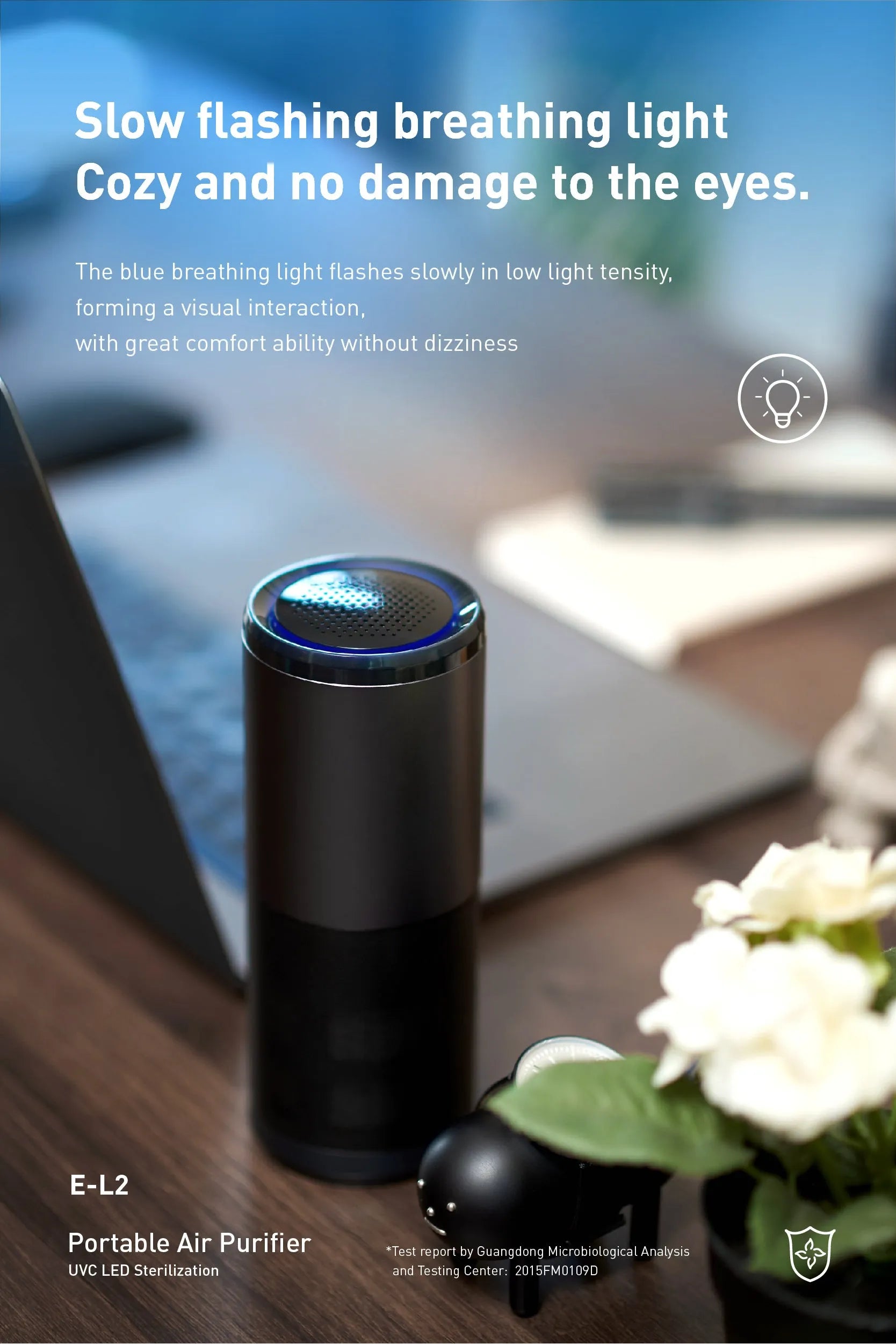 Compact black portable car air purifier with USB port and air quality indicator light.