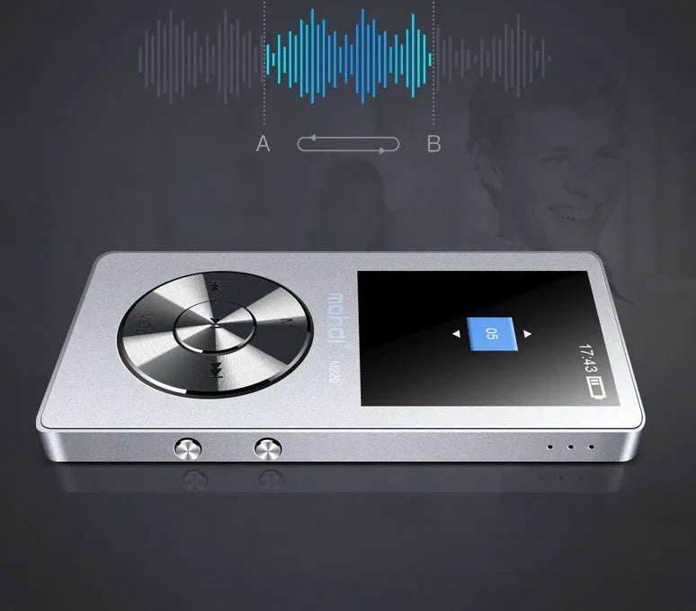 Gold metal MP3 music player with 1.8 inch screen showing audio playback interface