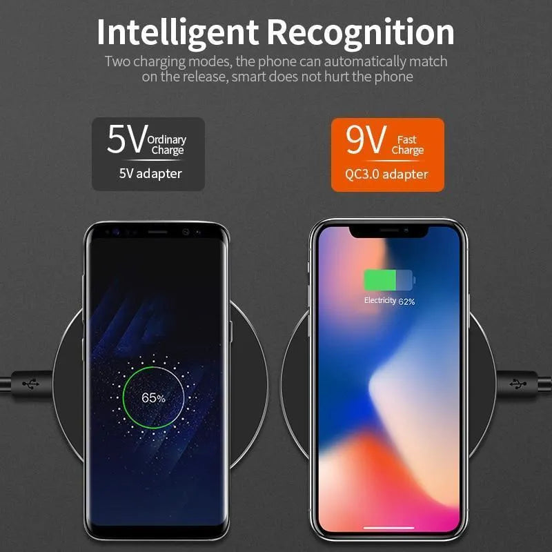 Black ultra-thin square wireless fast charging pad with USB cable on a desk