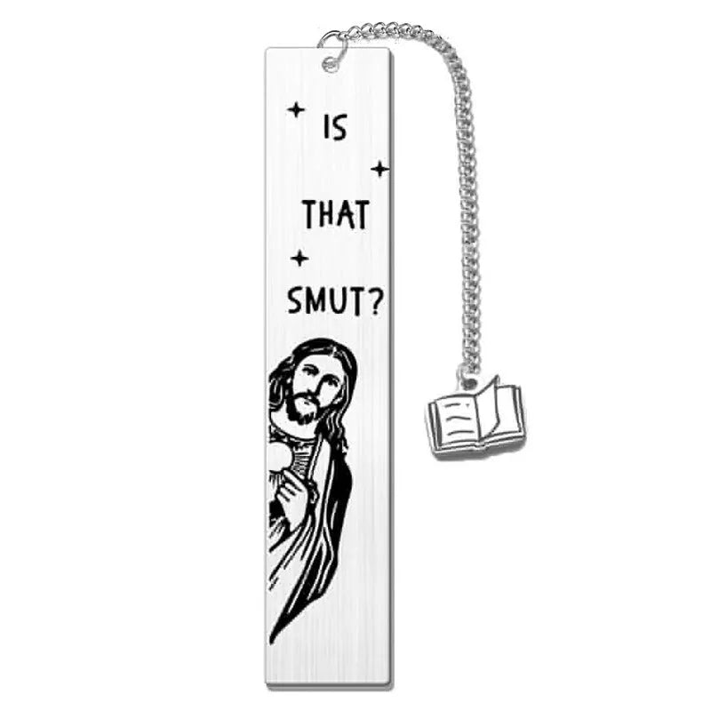 Stainless steel tassel-style bookmark with engraved 'reading enthusiasts literary' text on a metal surface.