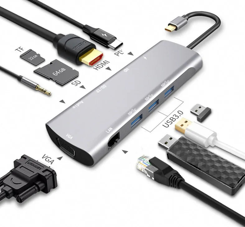 Grey aluminium USB-C docking station with HDMI, VGA, USB 3.0 ports and a 140mm cable.