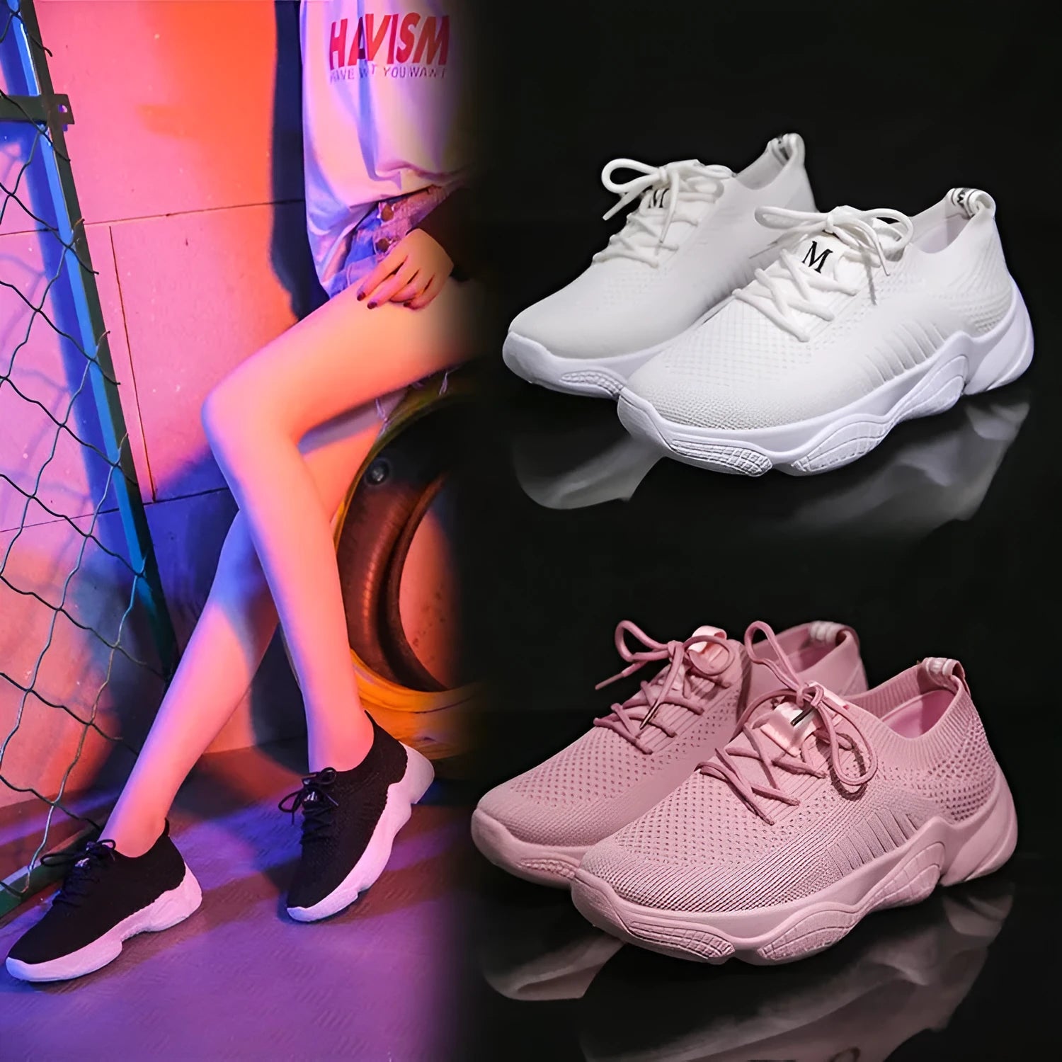 Women's white sports shoes with thick rubber soles and woven upper featuring lace-up front strap