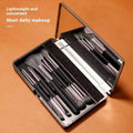 Portable makeup brush set with mirror showing eyeshadow brushes with artificial fibre bristles
