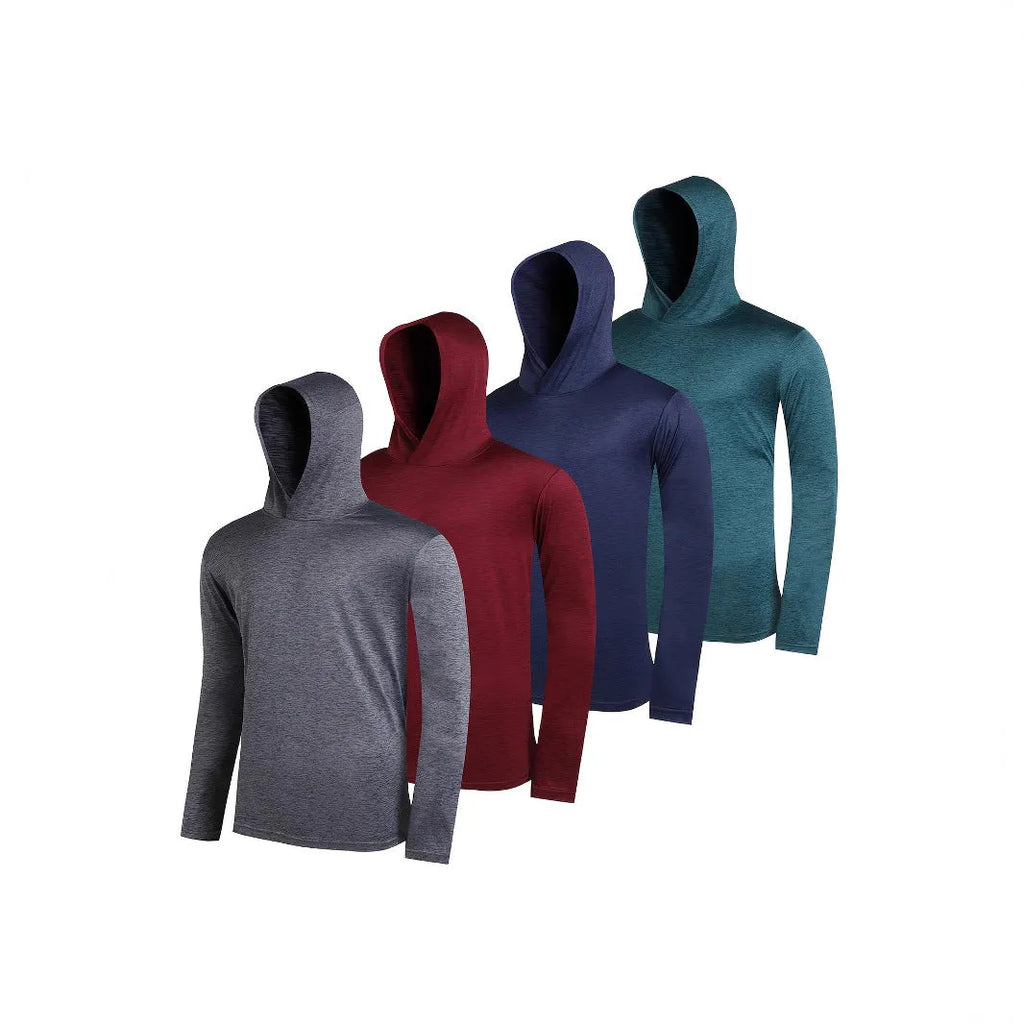 Men's lightweight hoodie four-pack in elastic polyester fibre showing colour options and hooded styles