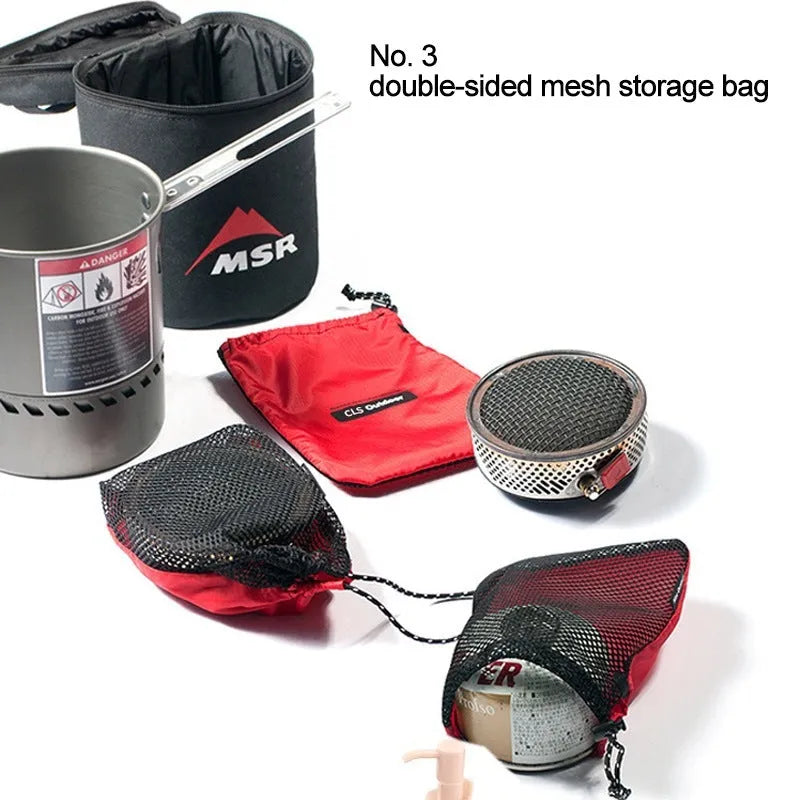 Red outdoor travel storage bag set with zippered compartments and mesh panels