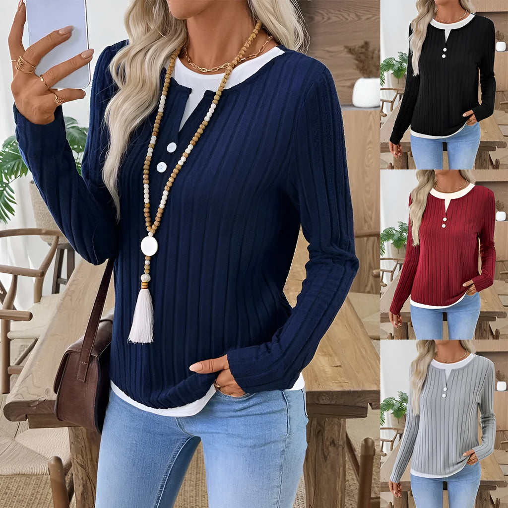 Women's fake two-piece round neck button pullover sweater in concave stripe polyester