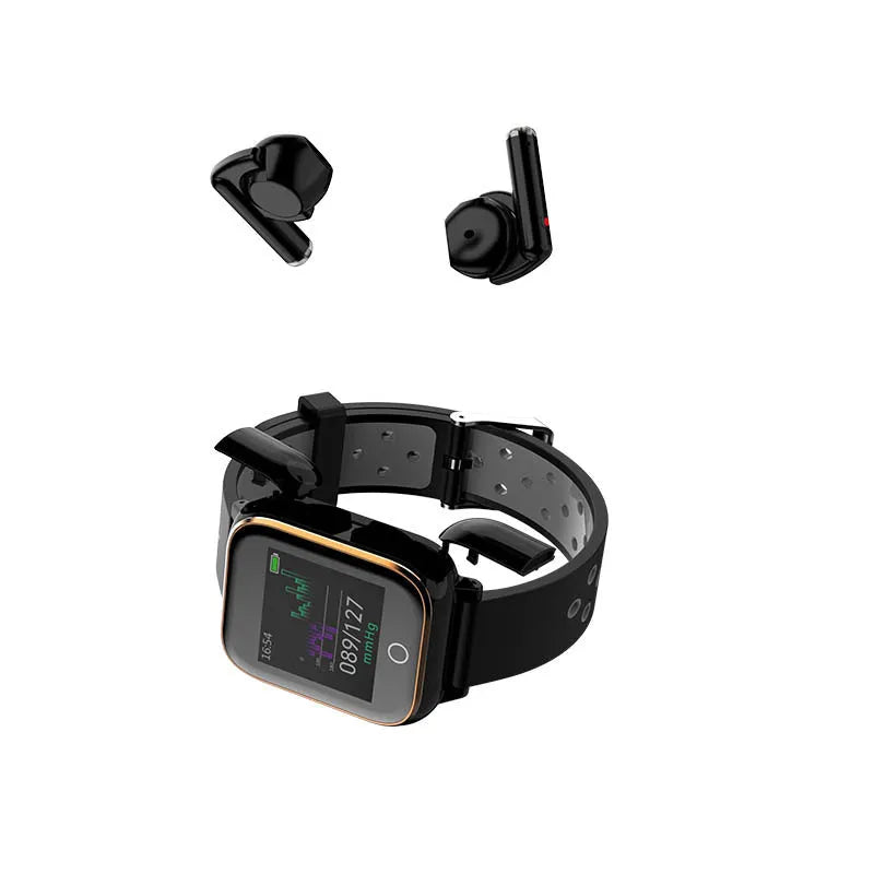 Black smart watch with integrated Bluetooth earbuds showing fitness tracking display