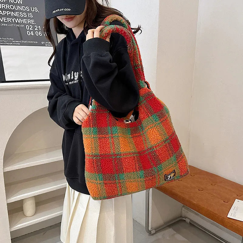 Women's soft plush plaid crossbody tote bag in Army Green colour showing front view and shoulder strap