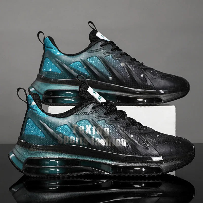 Men's black and green platform casual running shoes with mesh upper and thick rubber sole.