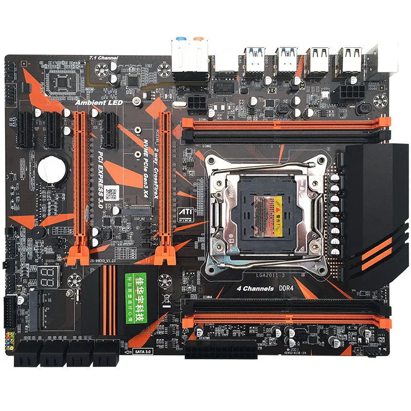 Black X99 desktop computer motherboard with LGA2011-3 CPU socket, four DDR4 slots, and dual PCI-E x16 graphics card slots