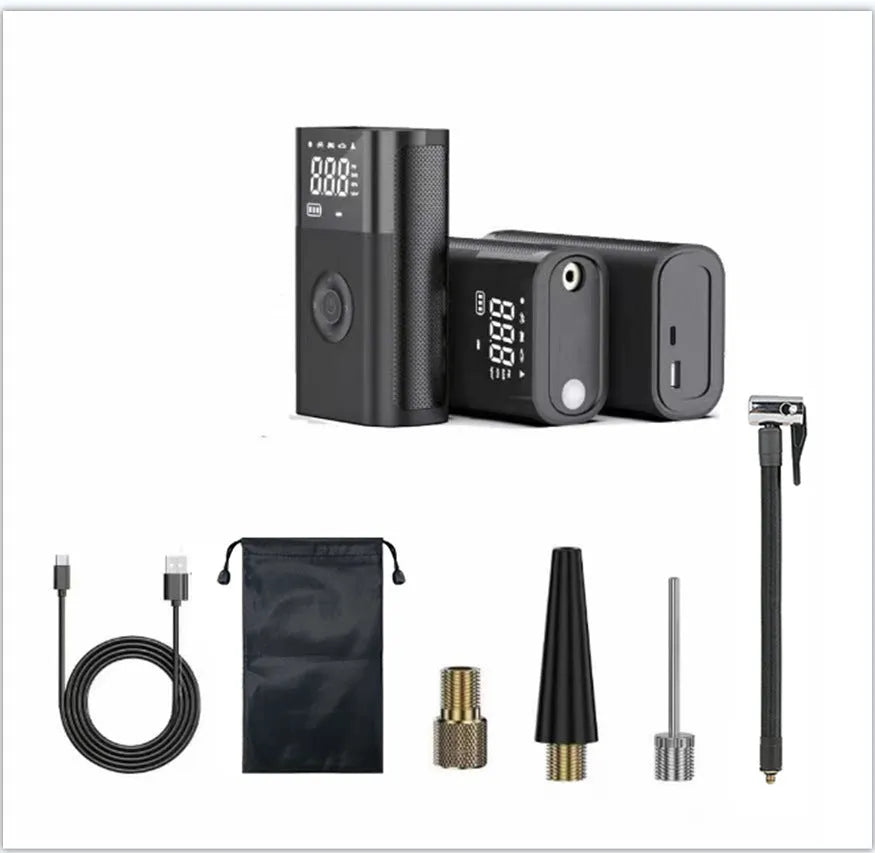 Black wireless digital tyre inflator pump with digital display and multiple nozzle attachments