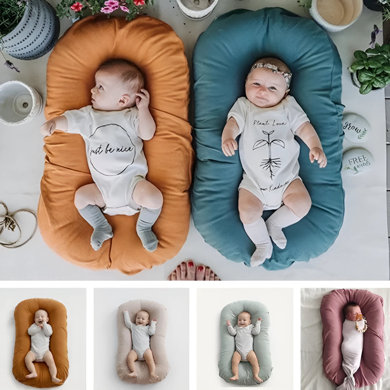 Beige portable baby nest crib cot for newborn infant on a bed
