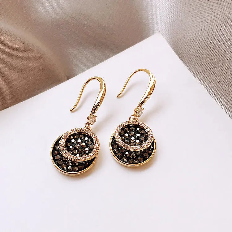 Black retro Hong Kong style geometric earrings with 3.6cm length and alloy construction