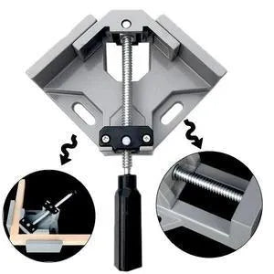 Black aluminium alloy 90 degree right angle clip with 70mm opening on a wooden workbench.