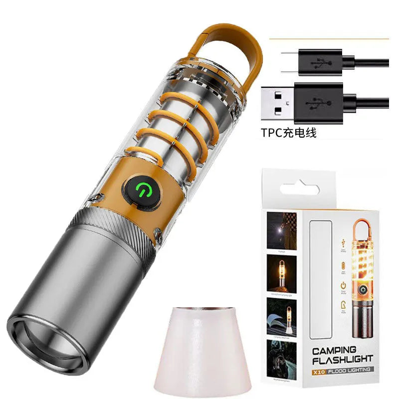 Orange 10W LED flashlight with dual light sources, optical zoom, and hanging hook