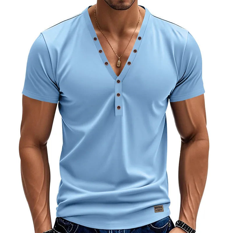 Men's loose V-neck pullover top with button detail in solid colour options