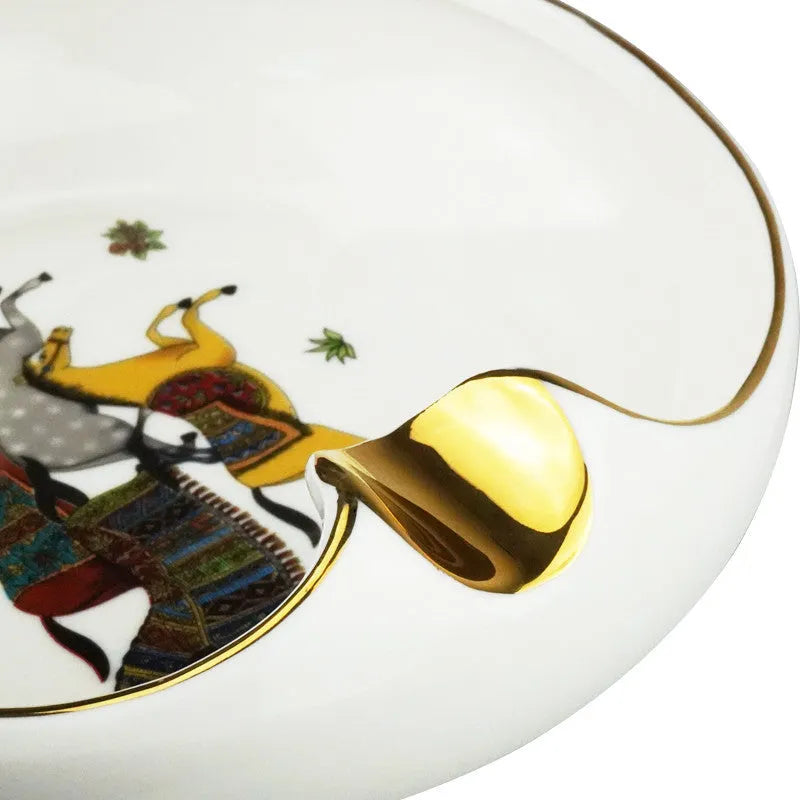 Bone ceramic cigar ashtray 175mm with hand-painted gold rim and horse motif on white background