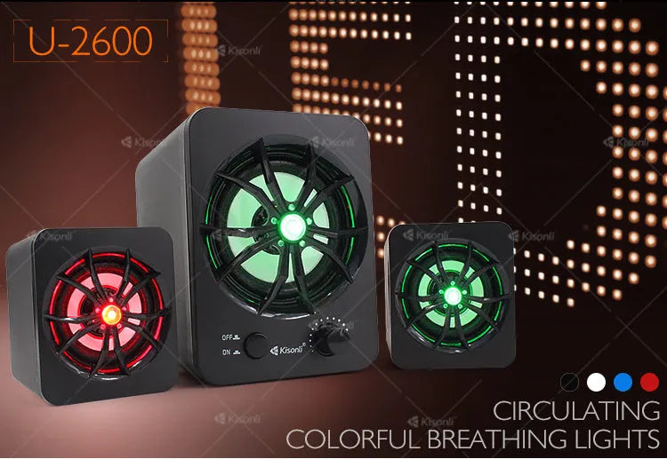 Green USB computer speaker with LED lights showing 2.1 audio system and 150 cm cable
