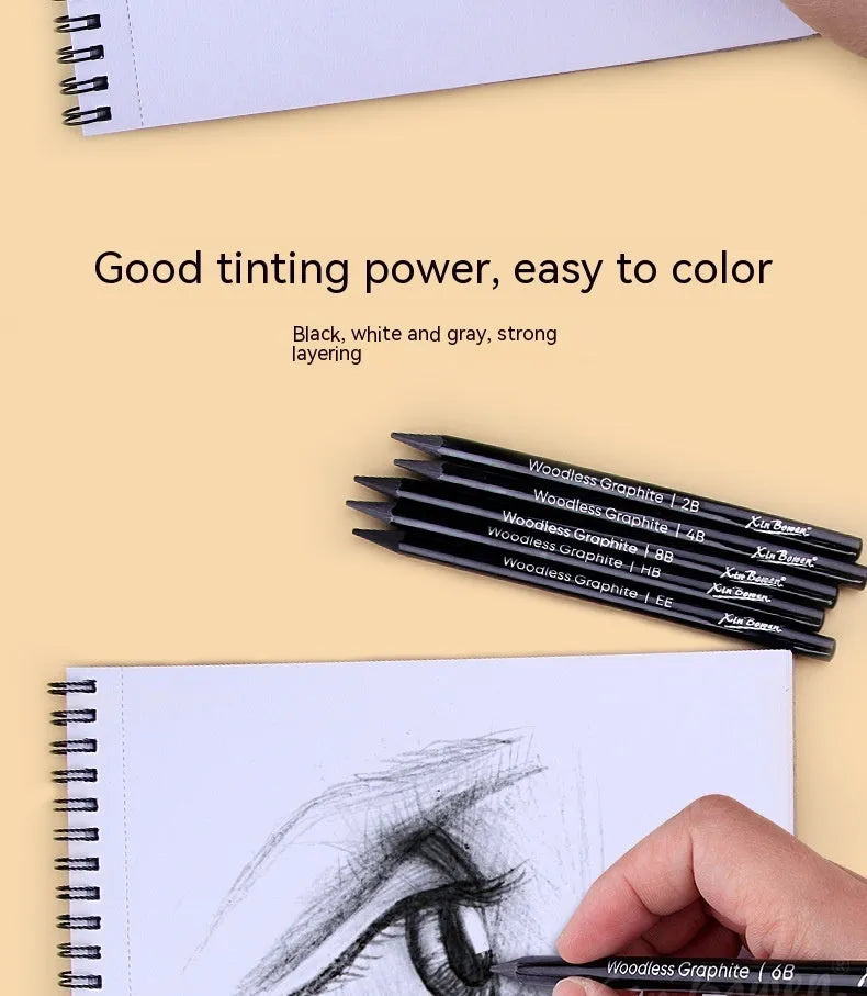 Set of six graphite sketching pencils for art, showing wood-free full lead construction.