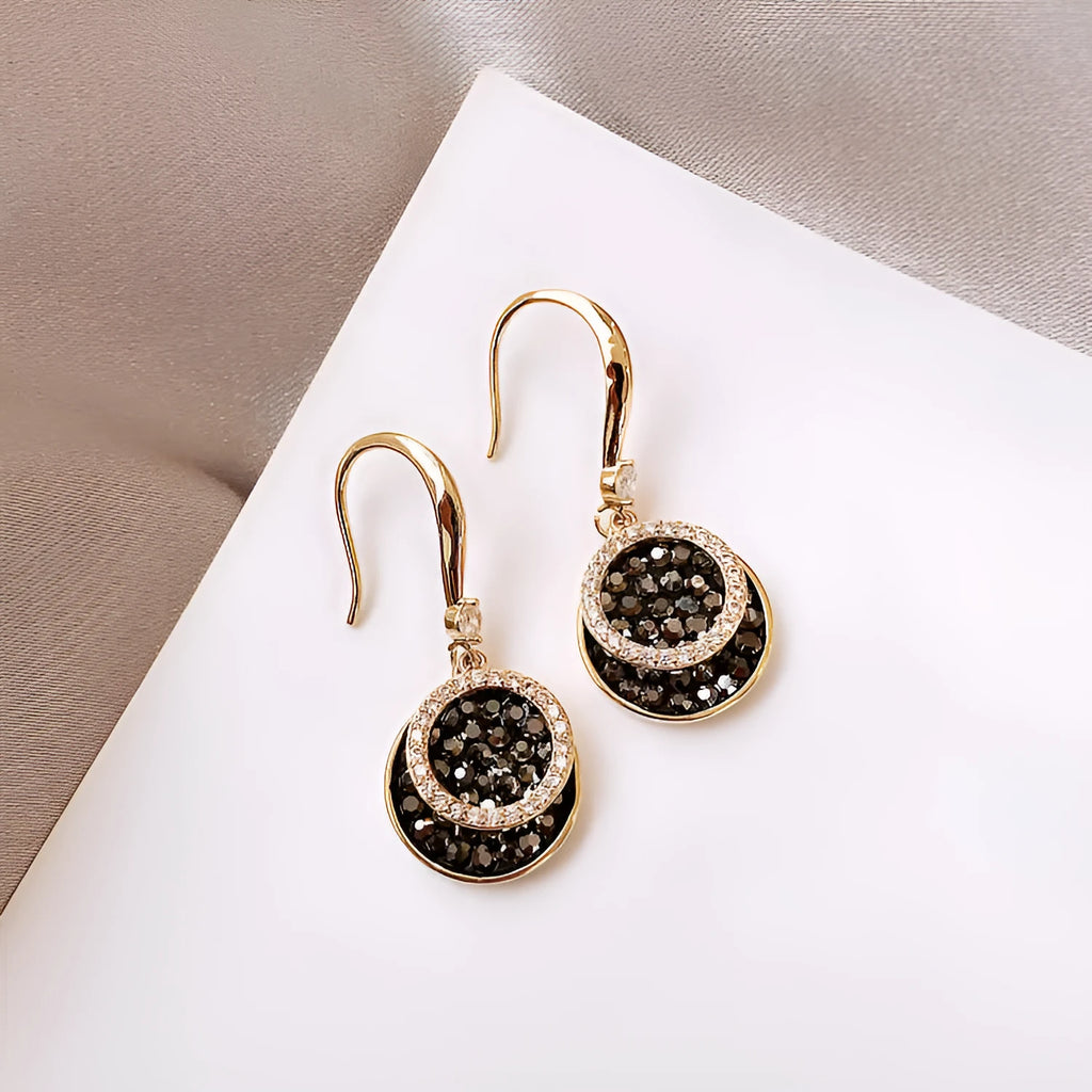 Black retro Hong Kong style geometric earrings with 3.6cm length and alloy construction