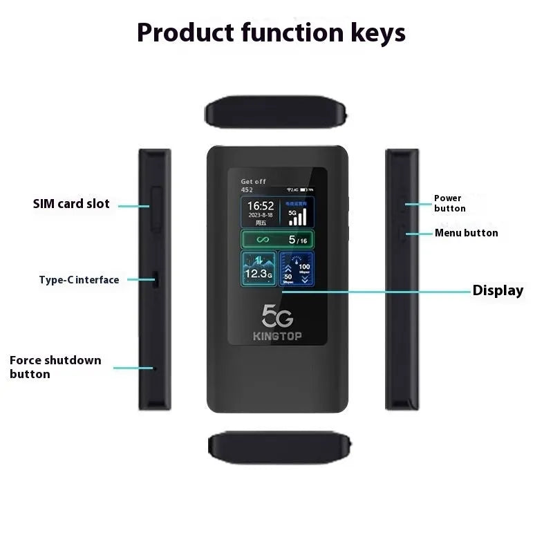 Black 5G portable Wi-Fi router with LCD screen, showing a compact design with a Type-C port and power button.