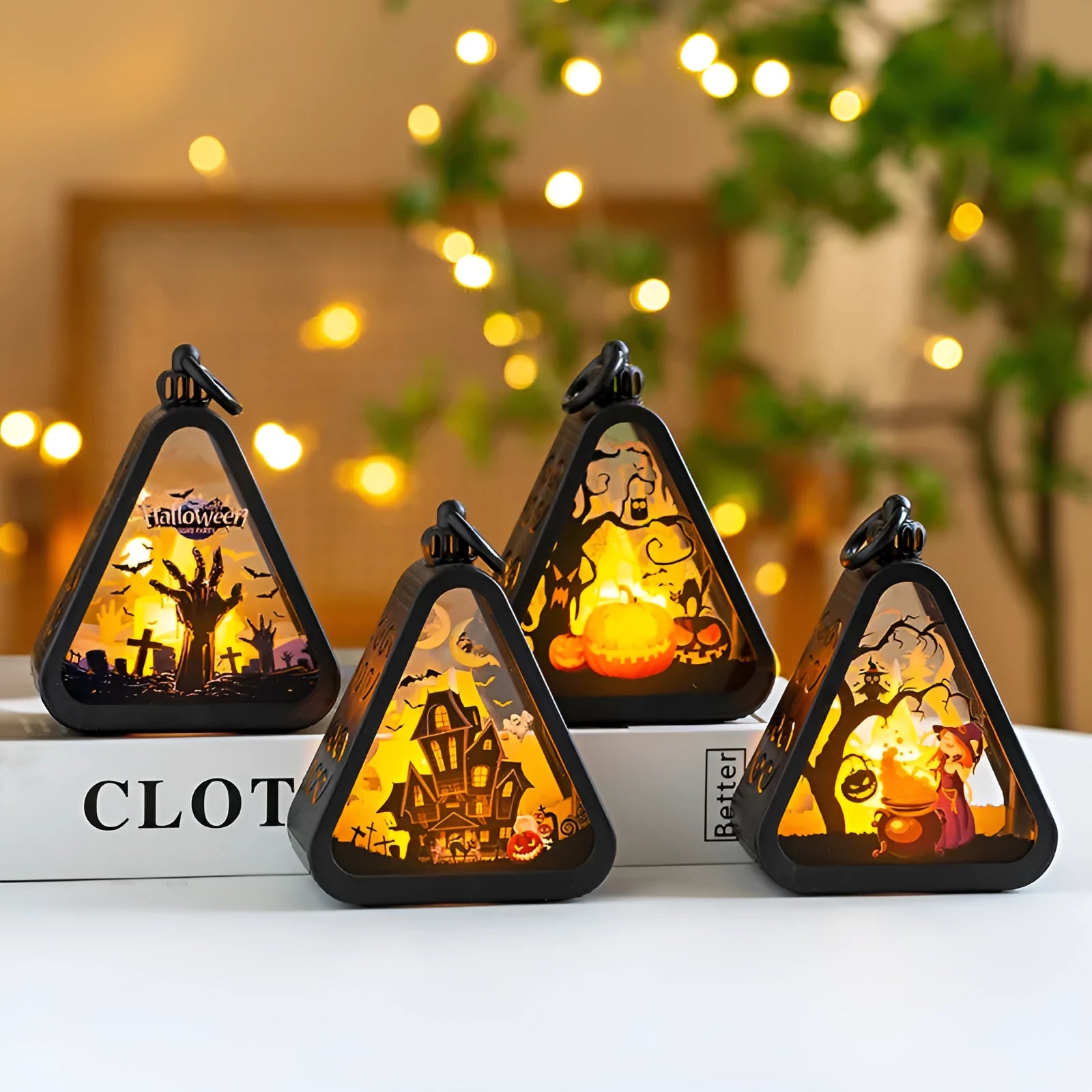 Portable Halloween pumpkin lamp decoration in plastic and glass with four colour theme options