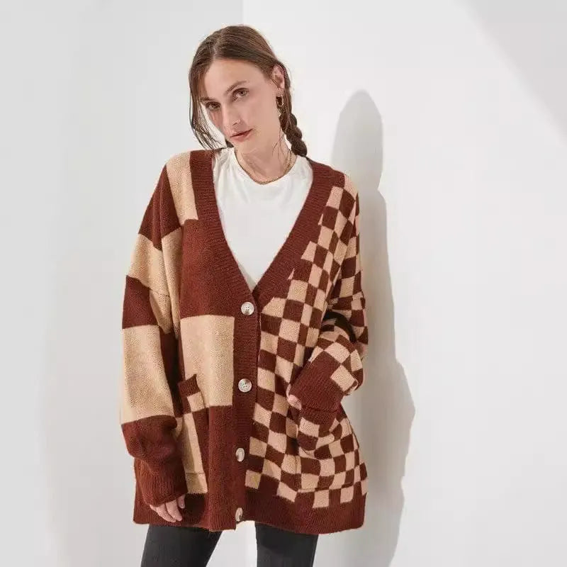 Grey printed checks knitwear cardigan on a model, showing loose slim fit and regular sleeves.