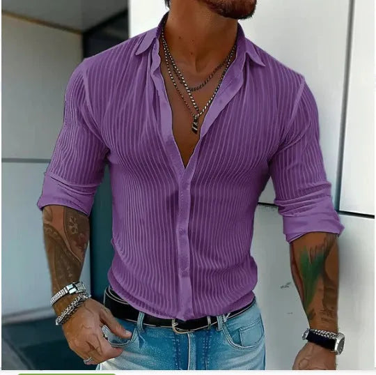 Men's striped long sleeve cardigan shirt in a loose British style fit, showing 3D pattern detail.