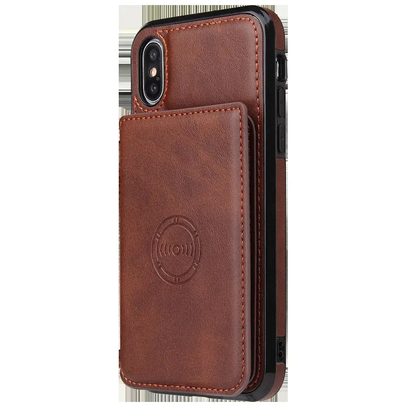 Imitation leather wallet phone case for iPhone in black, blue, brown, orange, pink, or red showing card slots.