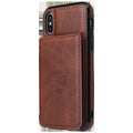 Imitation leather wallet phone case for iPhone in black, blue, brown, orange, pink, or red showing card slots.