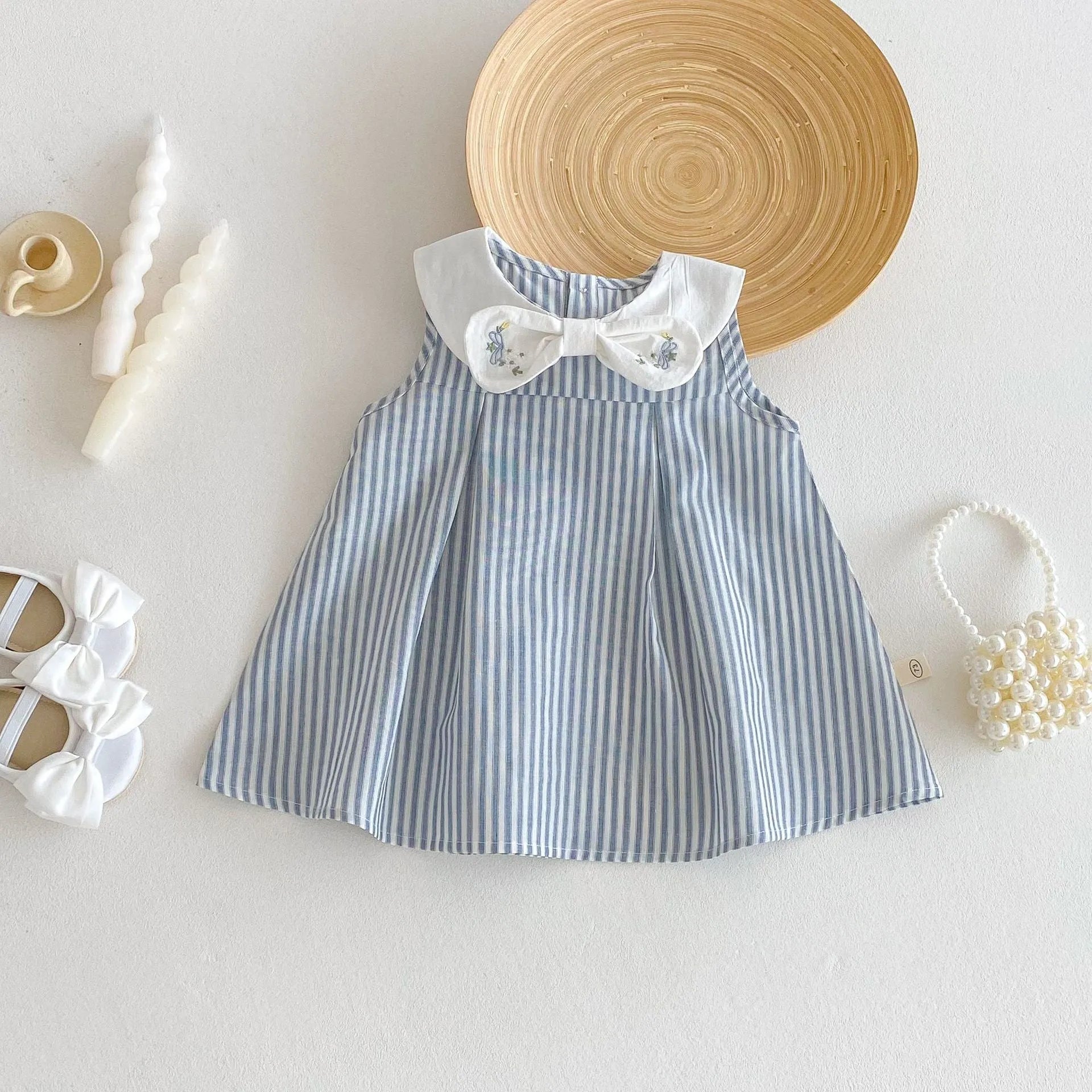 Soft fog blue cotton vest dress with bowknot embroidery for baby girls aged 73-120cm