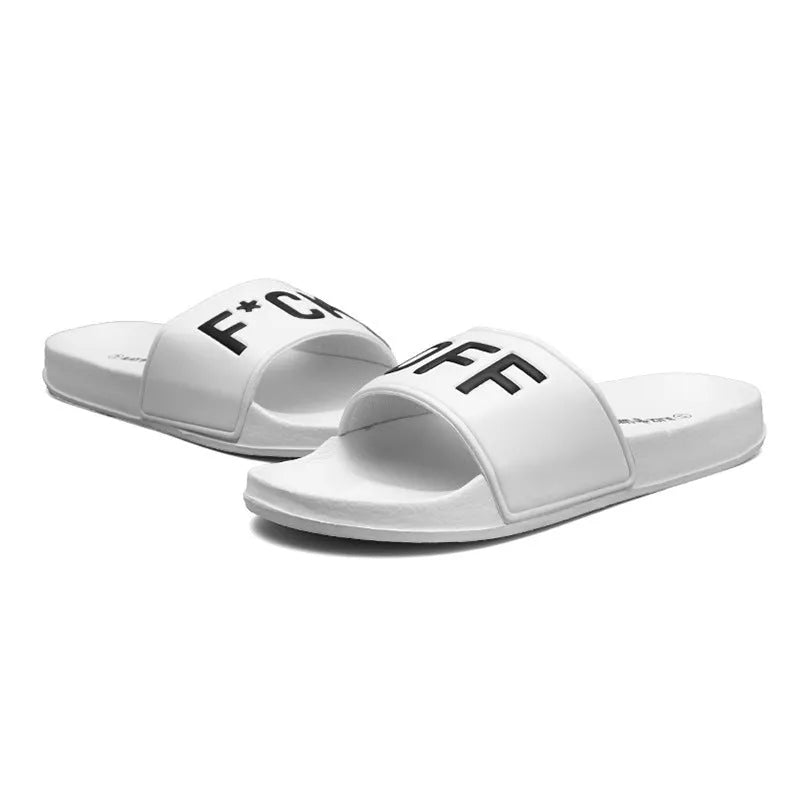 Large size personalised open-toe men's slippers with rubber sole in black and white.