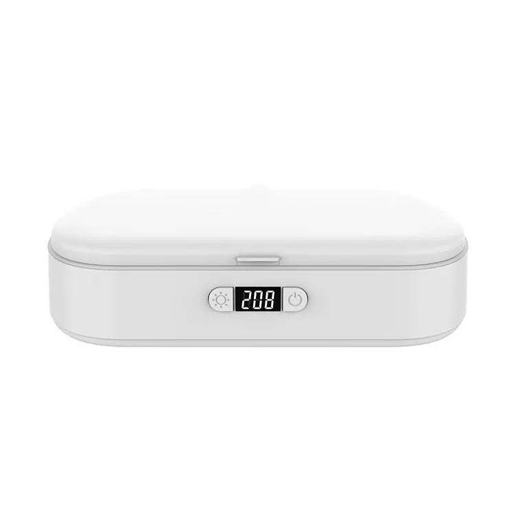 White ABS wireless UV steriliser box for phones and jewellery with USB cable.