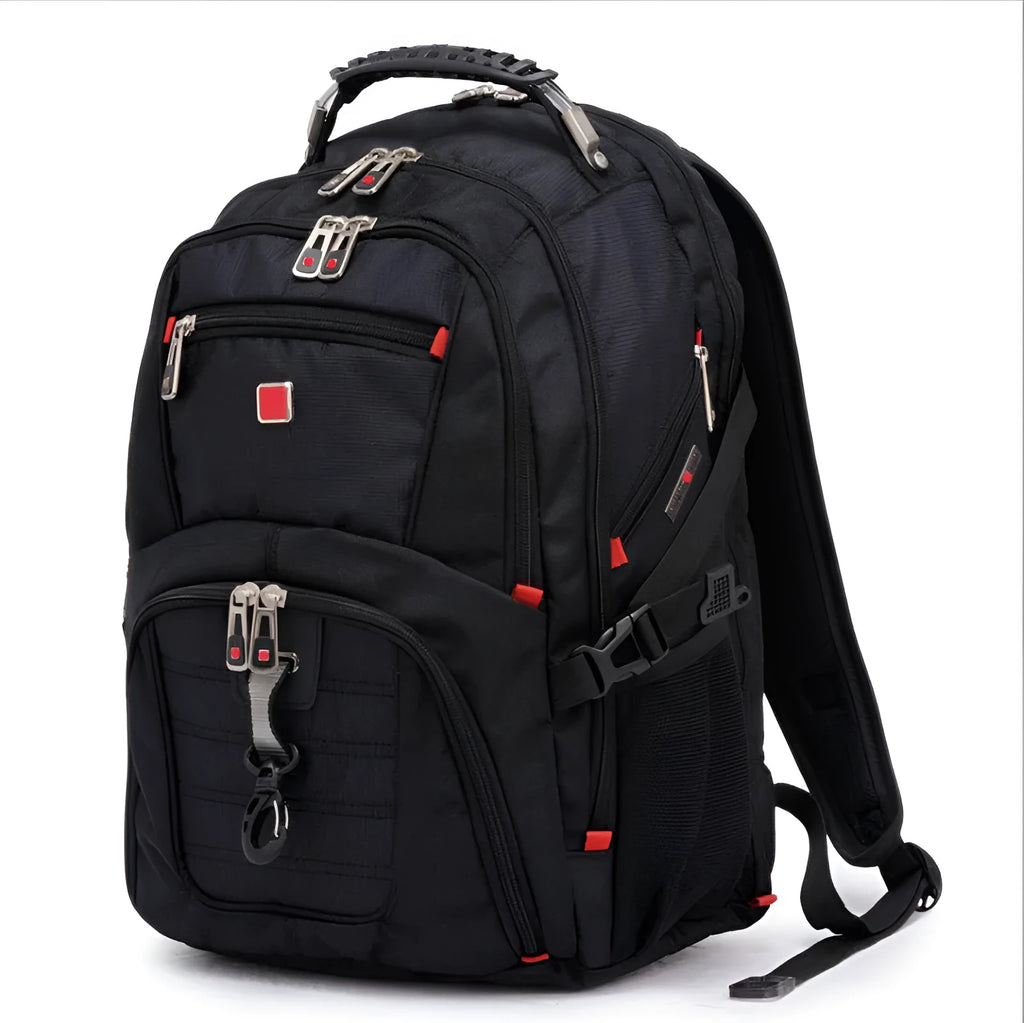Black business computer backpack with multiple compartments open, showing laptop sleeve and organiser pockets