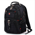 Black business computer backpack with multiple compartments open, showing laptop sleeve and organiser pockets
