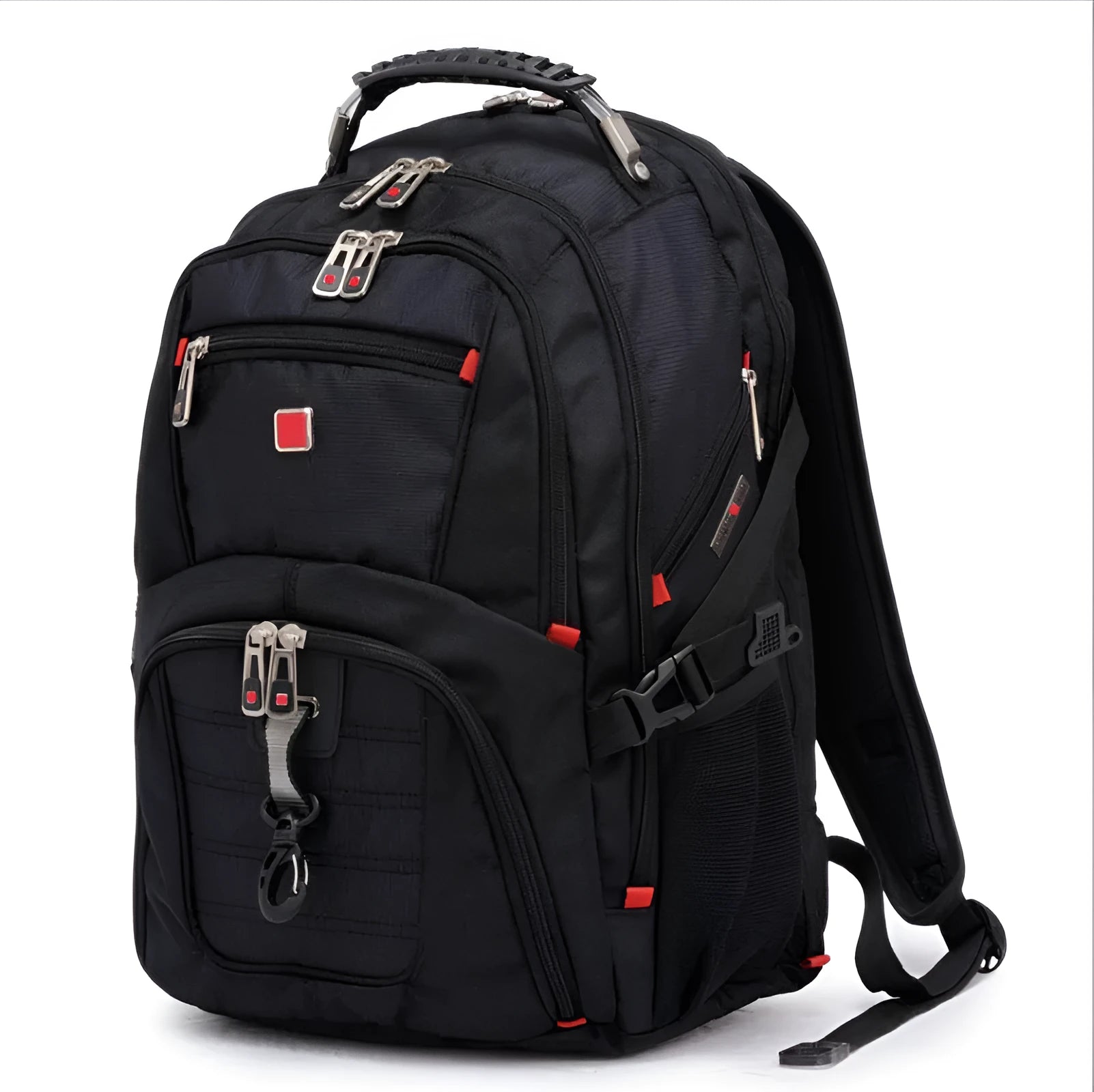 Black business computer backpack with multiple compartments open, showing laptop sleeve and organiser pockets