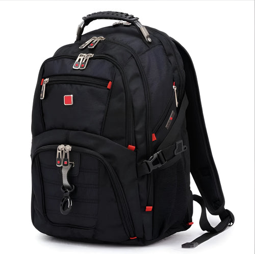 Black business computer backpack with multiple compartments open, showing laptop sleeve and organiser pockets