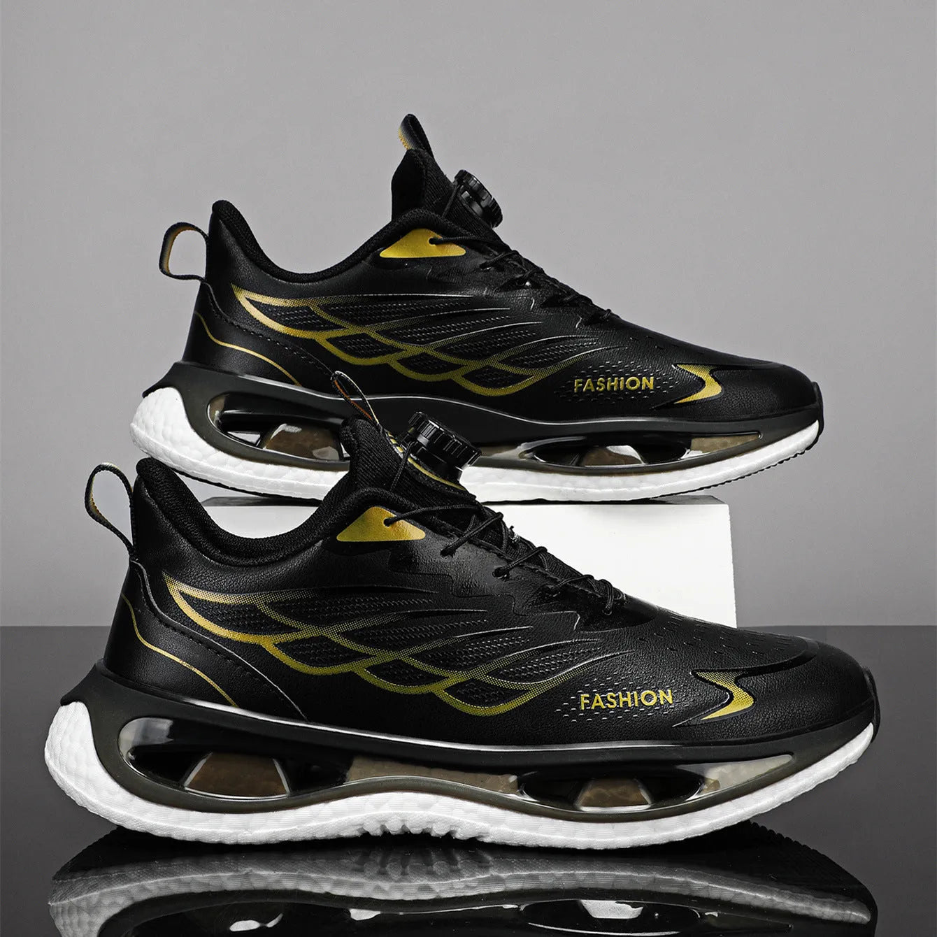 Men's low-top sneakers with a rotating button fastening, shown in light blue mesh and black leather options.