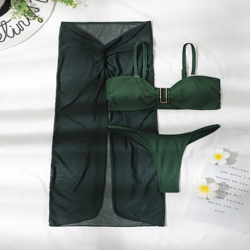 Women's French style three-piece bikini set with long culottes skirt in solid colour