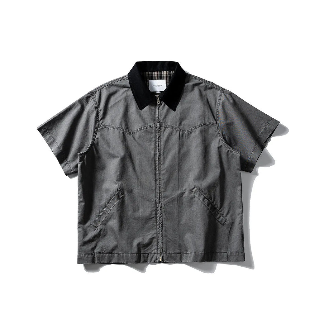 Men's khaki washed cotton overalls shirt with short sleeves in loose cardigan style