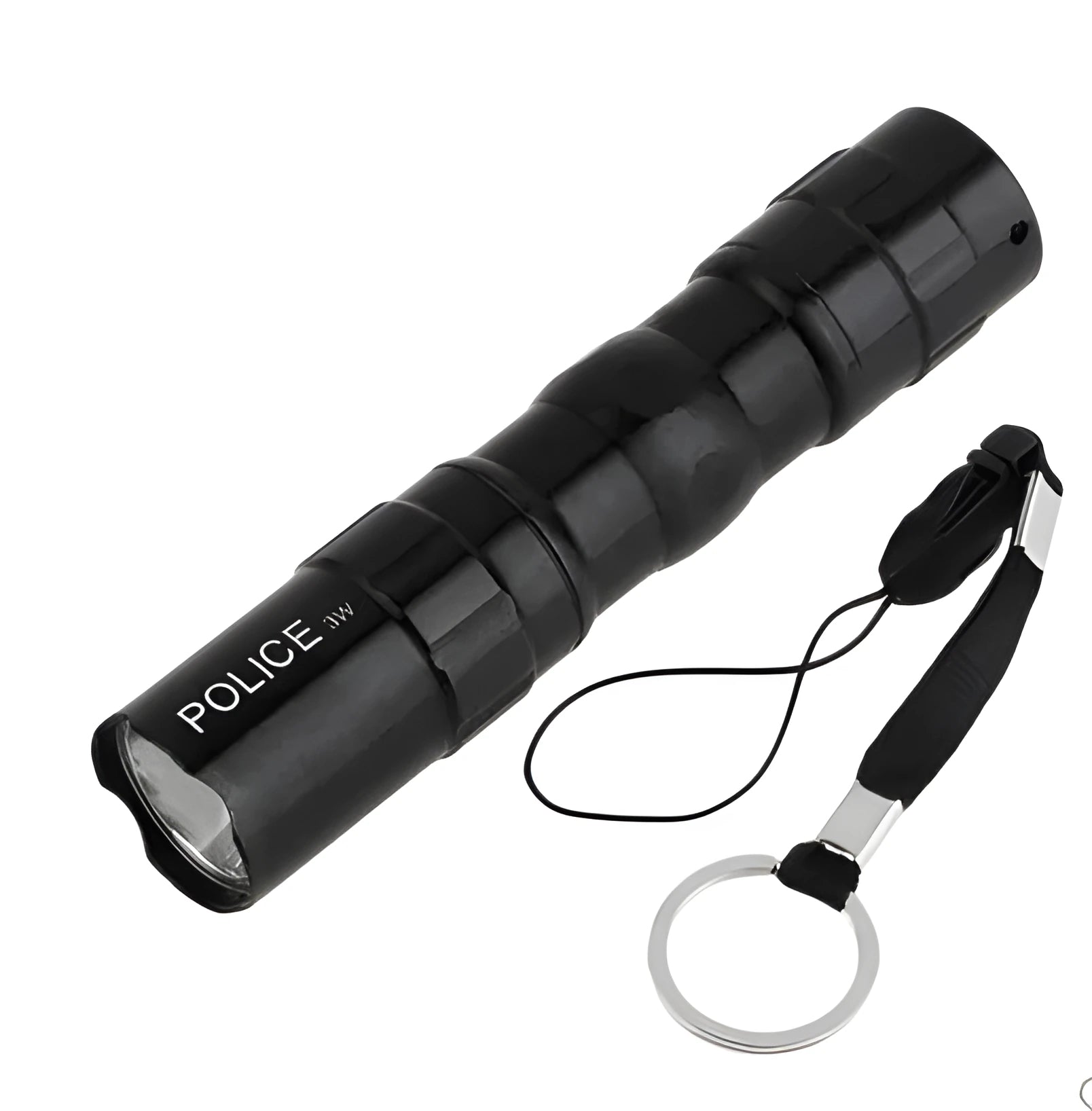 Black aluminium alloy mini LED handheld flashlight next to a AA battery