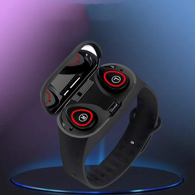 Smart bracelet with integrated Bluetooth earphones in silicone wristband showing 1-inch screen