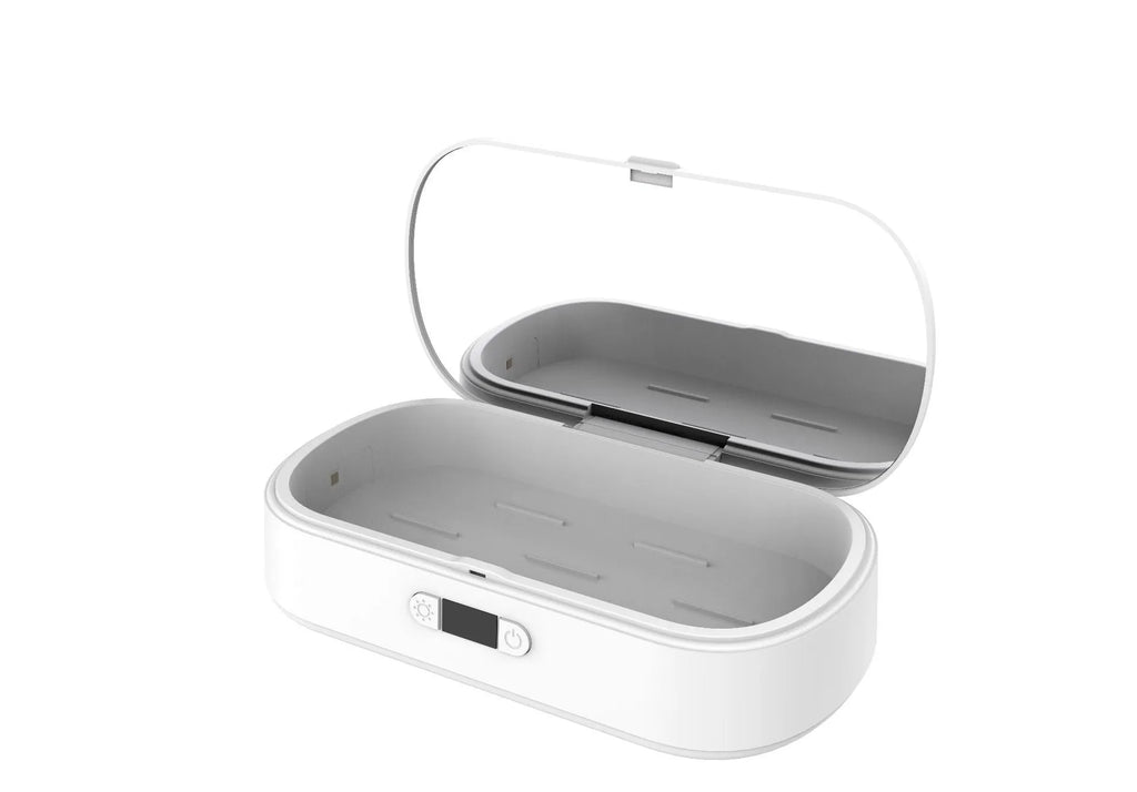 White ABS wireless UV steriliser box for phones and jewellery with USB cable.