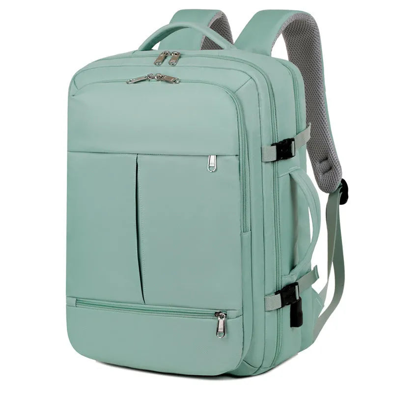 Large waterproof oxford cloth backpack for business travel with multiple pockets, shown in available colours.